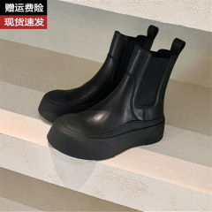 软牛皮~真皮厚底切尔西短靴女秋冬新款一脚蹬烟筒马丁靴瘦瘦靴子