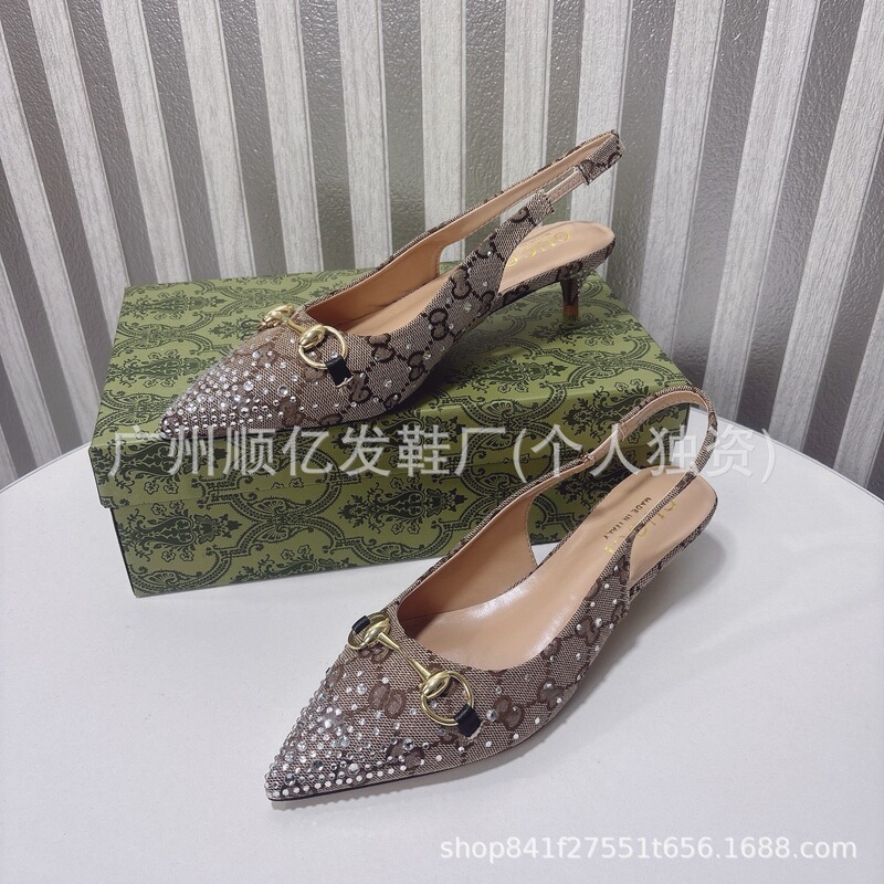 European and American fashion 2026G brand rhinestone metal horsebit vintage pointed toe open-back high-heeled sandals for women in large sizes European and American fashion 2026G brand rhinestone metal horsebit vintage pointed toe open-back high-heeled sandals for women in large sizes