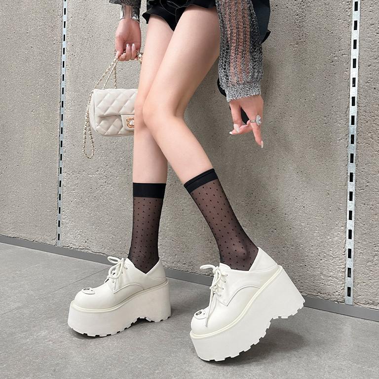 Giày cao gót nữ đế xuồng platform da thật dây buộc gót 9 cm — màu đen, màu trắng ngà