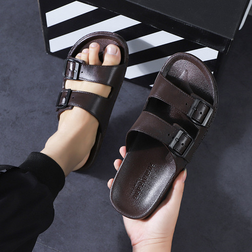 2025 Summer Fashion Men's and Women's New Double Buckle Slippers Comfortable One-Sided Slippers Soft Sole Open-Toe Slippers Wholesale