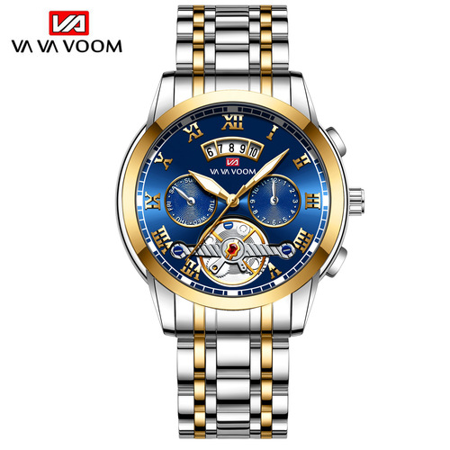 Cross-border foreign trade stainless steel tourbillon multi-function watch for men, fashionable luminous waterproof watch for men, steel watch