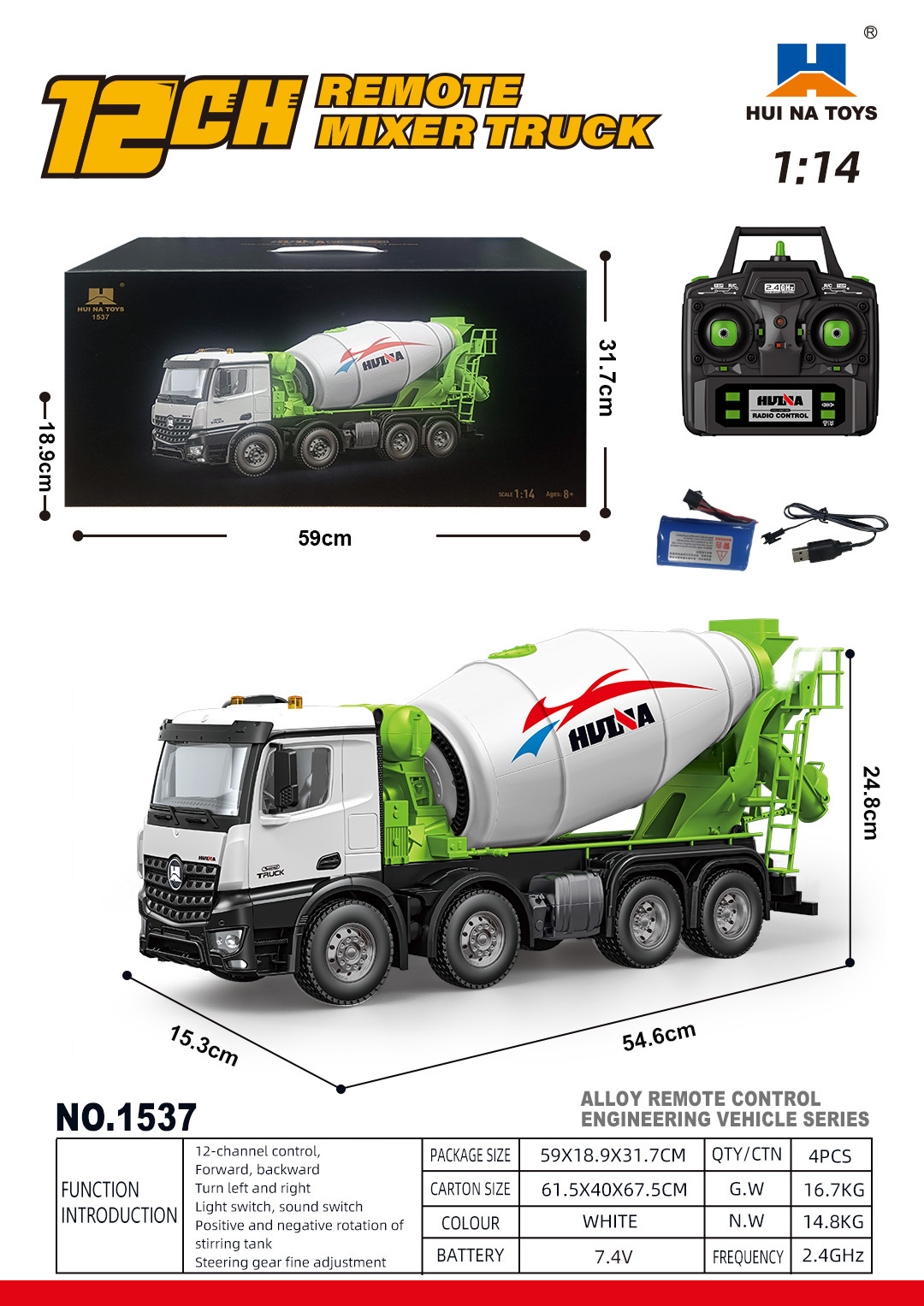 HuiNa1536pro nuevo producto 1537 aleación control remoto 1: 14 rueda de proporción completa camión volquete de ingeniería pesada camión mezclador