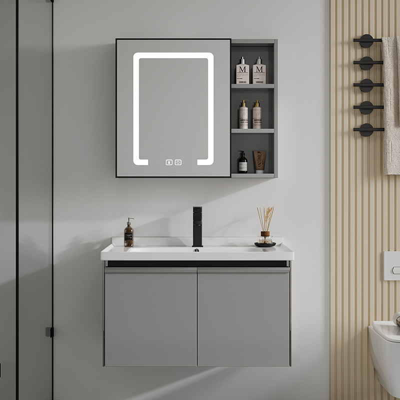 Engrosado espacio integrado de aluminio mueble de baño lavabo combinación de gabinete de cerámica montado en la pared de baño mesa de lavado