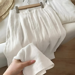 ハイウエストリネンストレートワイドレッグパンツ夏のレイジースタイルスリムパンツ