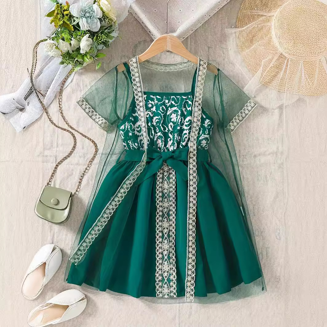 2024 European and American spring and summer ins style girls' mesh outer wear + sling dress skirt suit cross-border exclusive