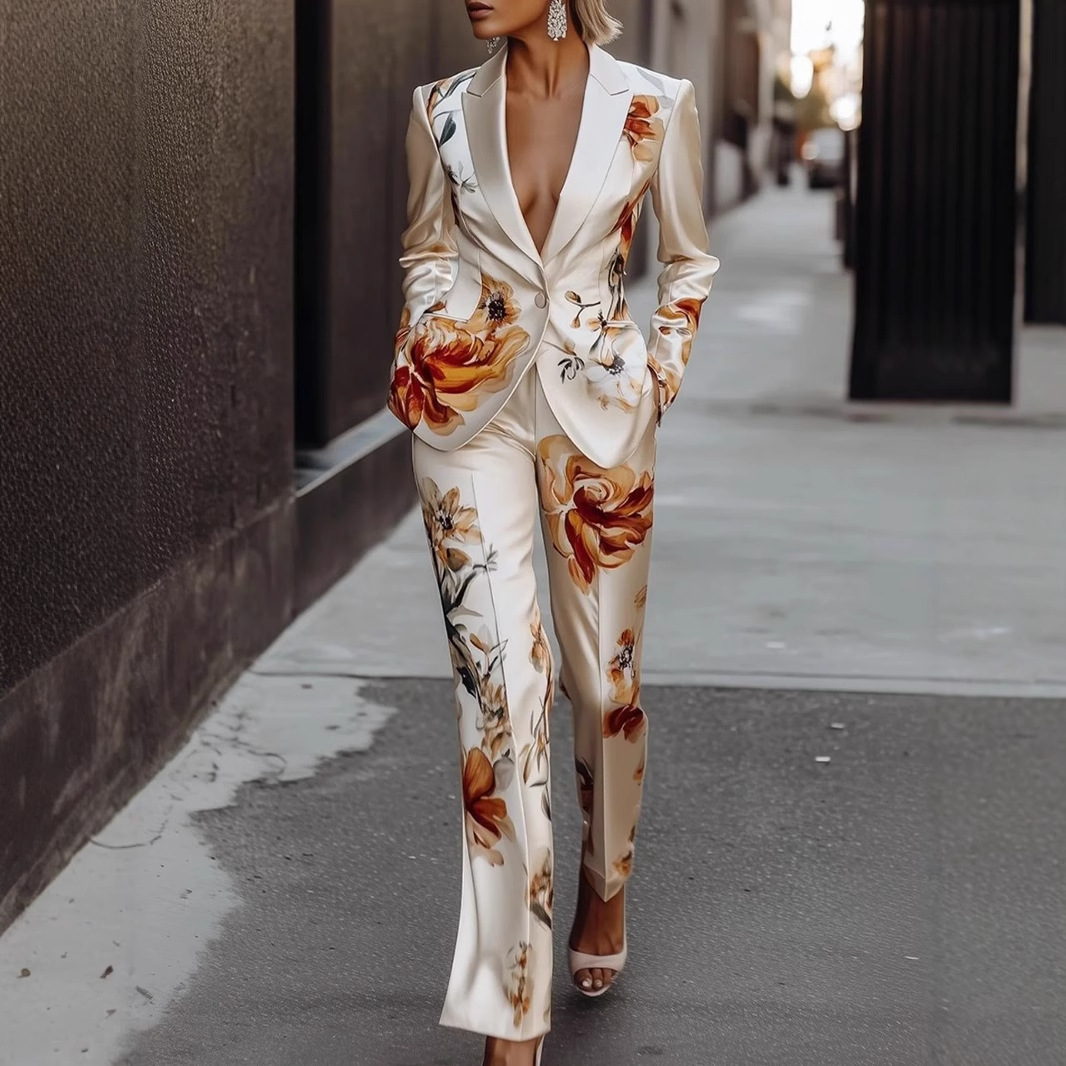 2025 New Cross-Border Women's Single-Button High-End Casual Suit, Youth Casual Performance Printed Suit Set