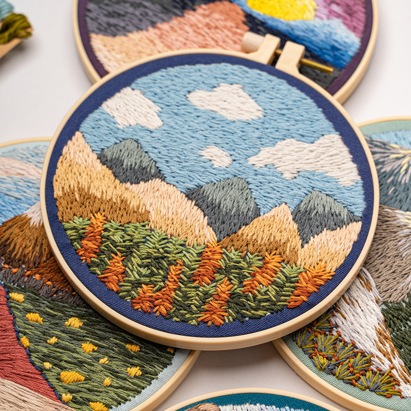 Original nuevo DIY bordado hecho a mano paquete de material paisaje bordado cielo nubes nieve montaña bosque transfronterizo Inglés