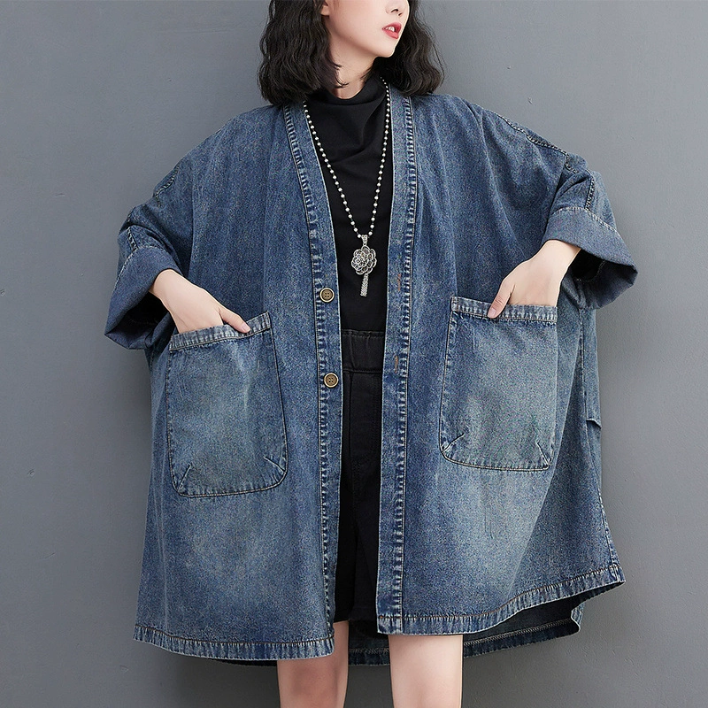 Retro denim autumn jacket, trench coat, 2022, V-neckline, oversize, mid-length