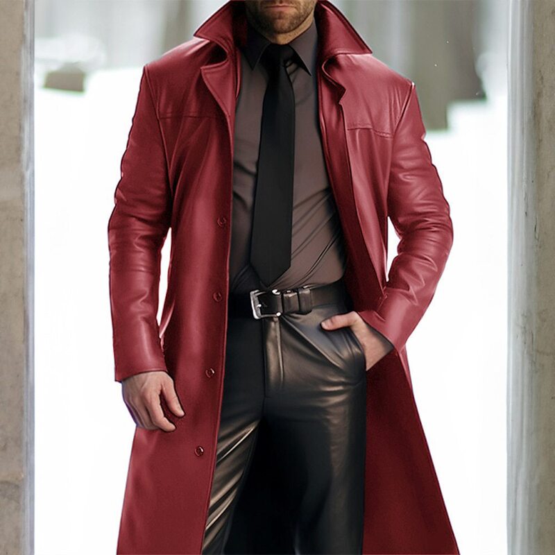 2024 cross-border new men's lapel solid color trench coat leather long PU leather COSPLAY clothing slim leather long