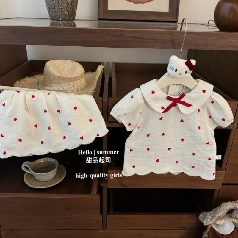 Korean Style Baby Girl 2026 Summer New Sweet and Stylish Doll Collar Heart-Shaped Shirt and Skirt Two-Piece Trendy Set Korean Style Baby Girl 2026 Summer New Sweet and Stylish Doll Collar Heart-Shaped Shirt and Skirt Two-Piece Trendy Set