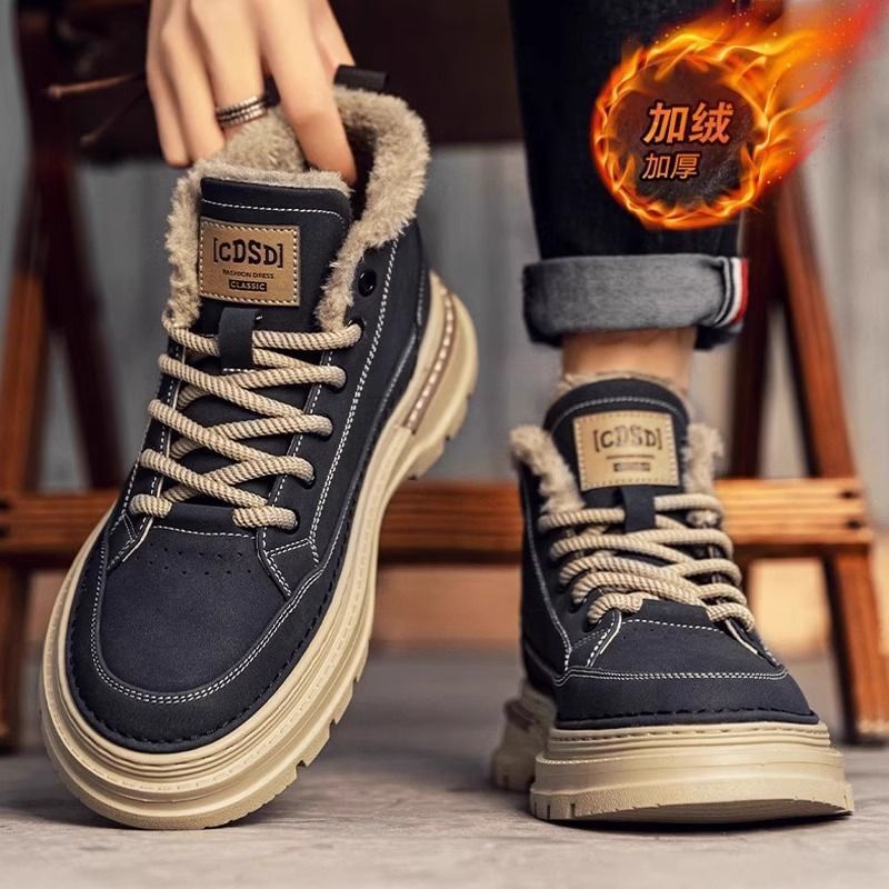 Martin Boots Men's Autumn and Winter fleece-lined Warm Cotton Shoes Men's High-top Leather sneaker Fashionable Platform Outdoor Snow Boots