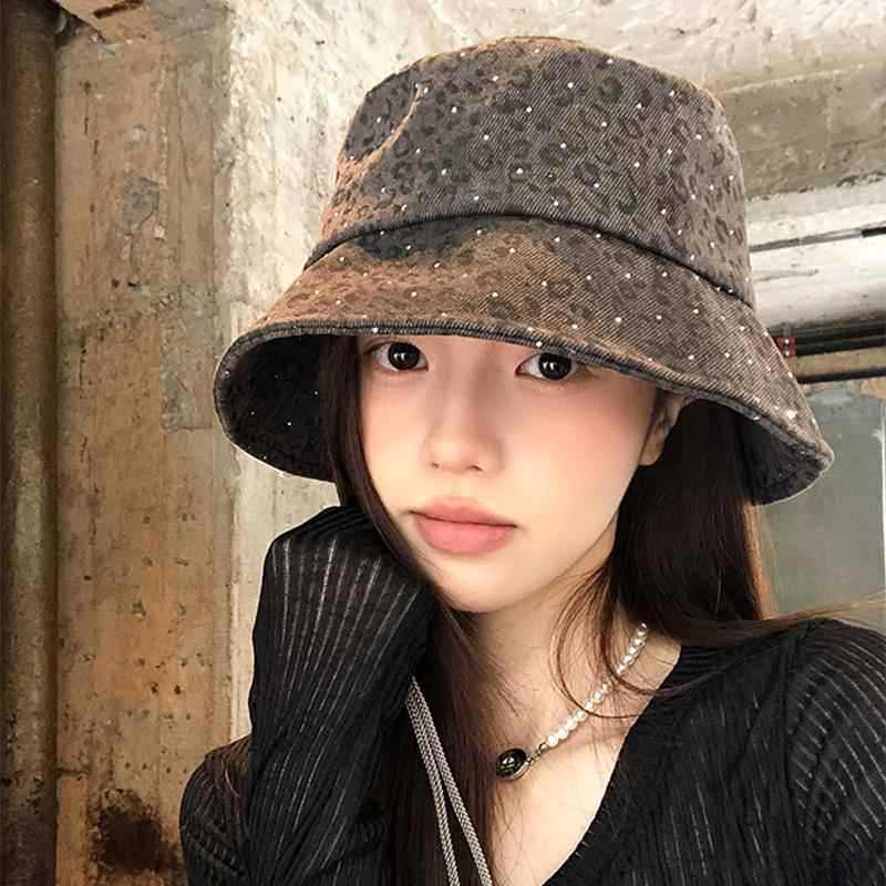 日系大头围小众亮片豹纹渔夫帽女春夏季百搭素颜盆帽显脸小水桶帽|undefined