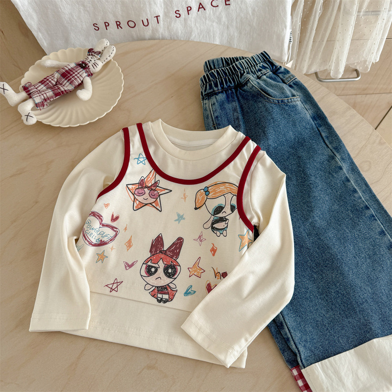 クリーム子供服 25 秋の新スタイル女の子韓国語版漫画落書き偽ツーピース Tシャツチェック柄ストレートジーンズ|undefined