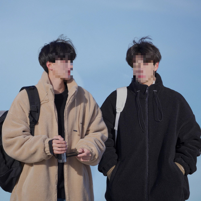 韩系羊羔毛颗粒毛绒加厚冬季新潮男士保暖棉袄衣服情侣装外套