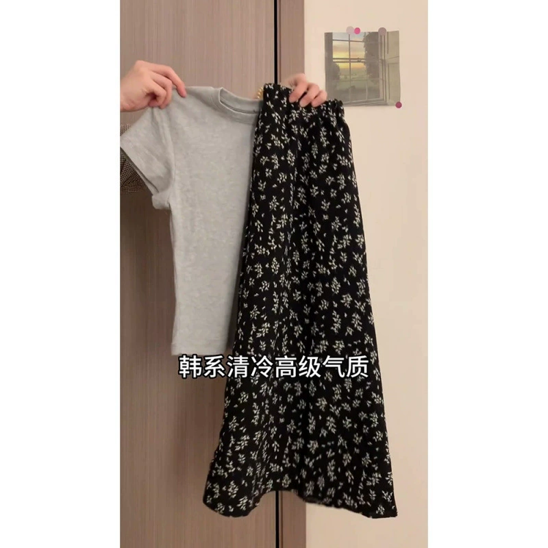 Женский летний костюм-футболка с короткими рукавами в гонконгском стиле на правое плечо, сексуальный топ с круглым вырезом в корейском стиле, юбка с эластичной резинкой на талии и цветочным принтом