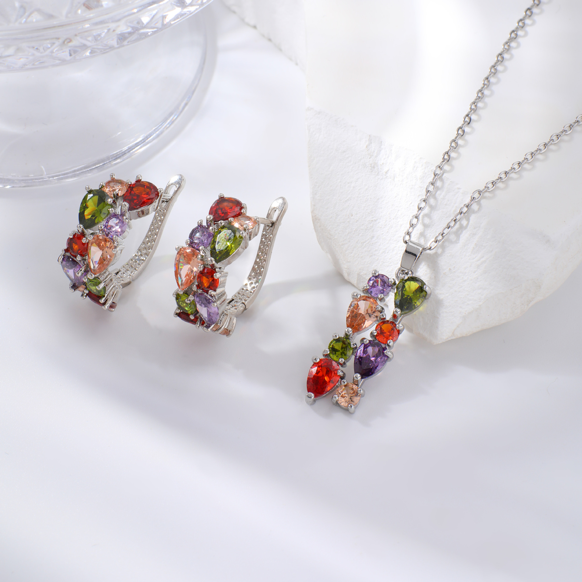 Kashi joyería traje Mona Lisa circón collar pendientes colorido collar pendientes conjunto de dos piezas al por mayor femenina