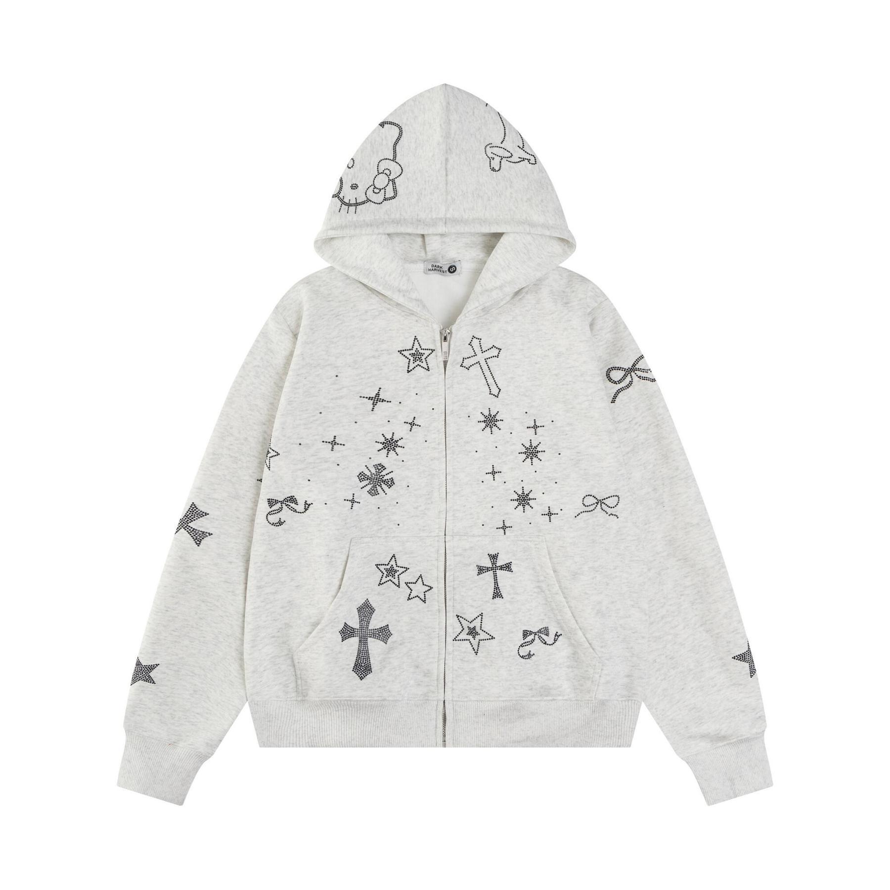Unisex rhinestone graphic zip-up hoodie detail 1