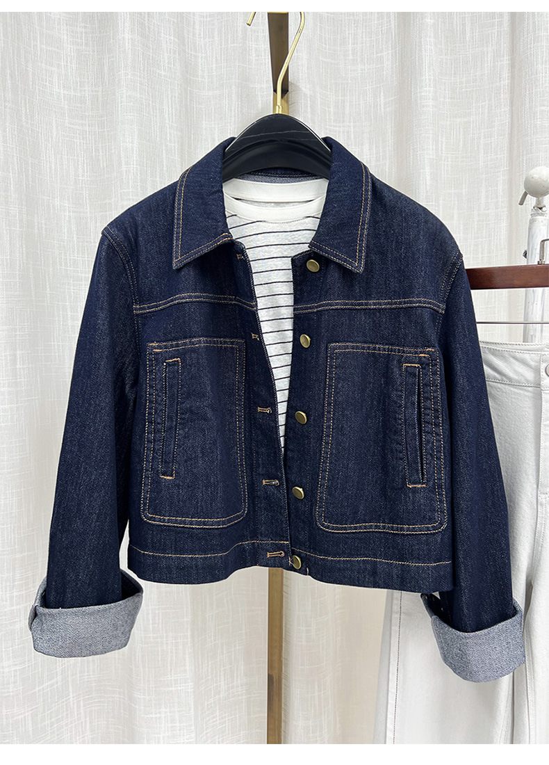 Áo khoác denim nữ phong cách cổ điển tay trễ vai dáng ngắn — màu xanh chi tiết 2