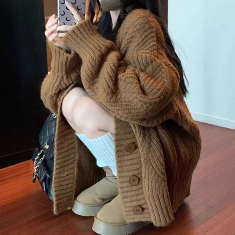 Milky Thick Brown Sweater Jacket for Women in Autumn and Winter Loose Lazy Style Twist Retro Knitted Cardigan Outer Top