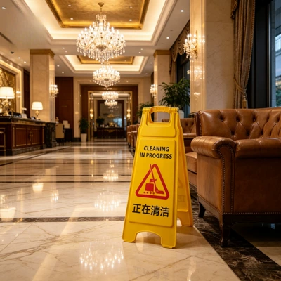 Durable plastic A-frame sign: Cleaning in Warning sign - cleaning-in-progress