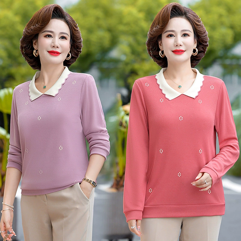 2025 новая осенняя простая и универсальная футболка с длинными рукавами для женщин, чтобы уменьшить возраст и похудеть, топы для мам среднего и пожилого возраста.