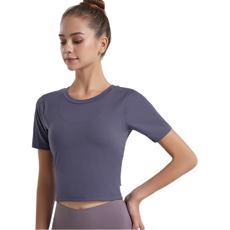 2024 primavera y verano nuevo cuello redondo yoga deportes manga corta Mujer desnudo slim fit ombligo camiseta casual color sólido ropa de entrenamiento