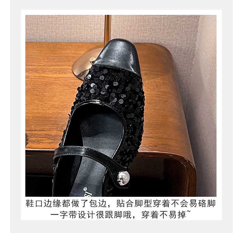 Dép mule sandal nữ bít mũi vuông quai ngang đính sequin lấp lánh, gót thấp 1–3 cm — Màu bạc, Màu đen chi tiết 13