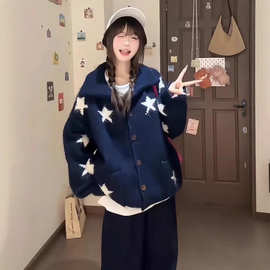 韩系星星提花毛衣外套女秋冬新款慵懒风软糯针织开衫宽松显瘦上衣