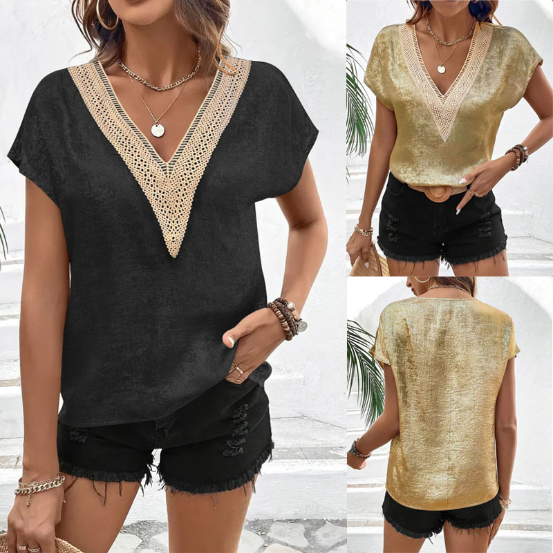 Amazon European and American Foreign Trade Summer Lace Short-sleeved Women's T-shirt Casual Loose V-neck Bat-sleeved T-shirt Top
