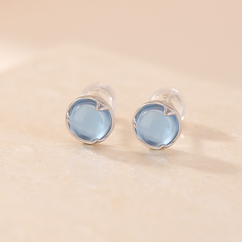 Bông tai bạc S925 đính đá Aquamarine hình lá bạch quả nhỏ — Một cặp