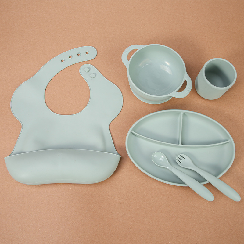 분리 접시 + 포크 스푼 + 턱받이 + 흡입 그릇 + 컵 블루