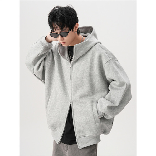 Vintage American-style solid-color large hat open sweater hoodie for men, autumn and winter loose and versatile wide-body double zipper coat, trendy