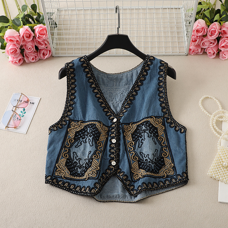 Chinese Style Embroidered Denim Vest for Women, Summer Thin Style, Sleeveless Outer Layer, Layered Vest Top