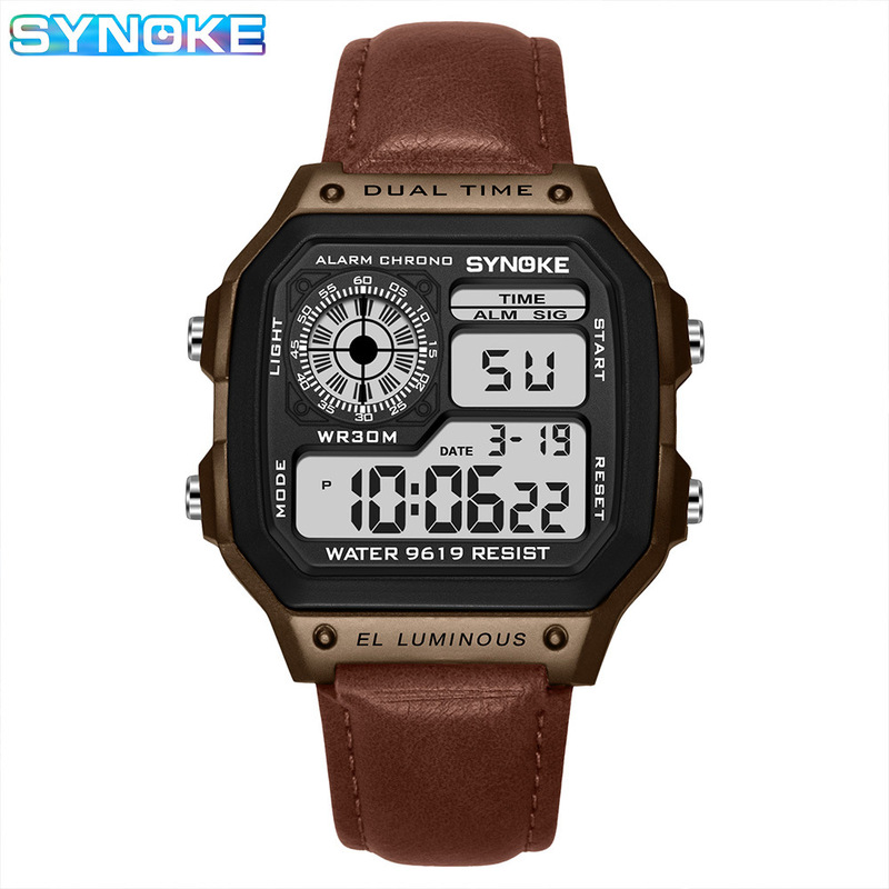 Factory Goods Synoke Retro Trendy Men's Sports Electronic Watch with Leather Strap Style, Waterproof, Multifunctional, Luminous, Square-Shaped