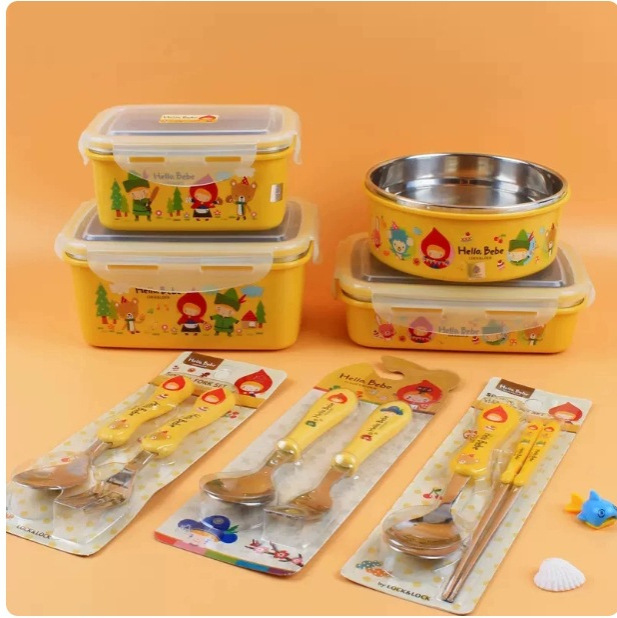 Lock Children's Tableware Korean Lunch Box Soup Bowl Anti-Fall Cute Double-Eared Bowl Double-Handle Baby Light Snack Bowl Set