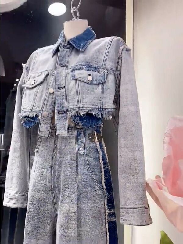 2025高级感网红时装减龄小香风洋装复古牛仔阔腿裤两件套装女|undefined