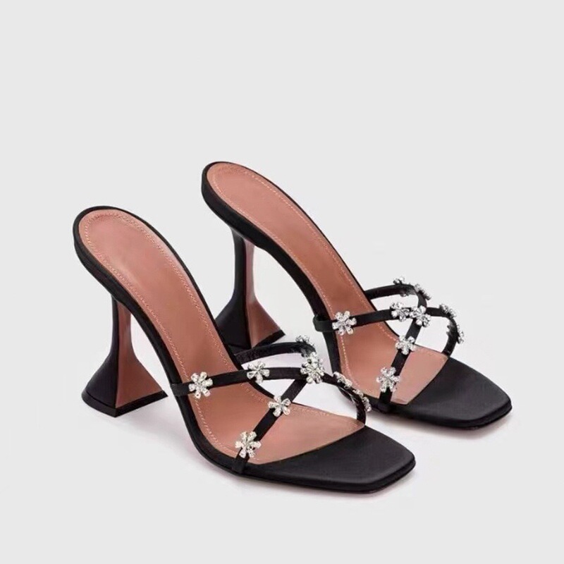 2025 Export Summer New Style Square Toe Flower Rhinestone Wine Glass Heel Sandals Fashionable Outer Wear Sandals and Slippers High Heels for Women