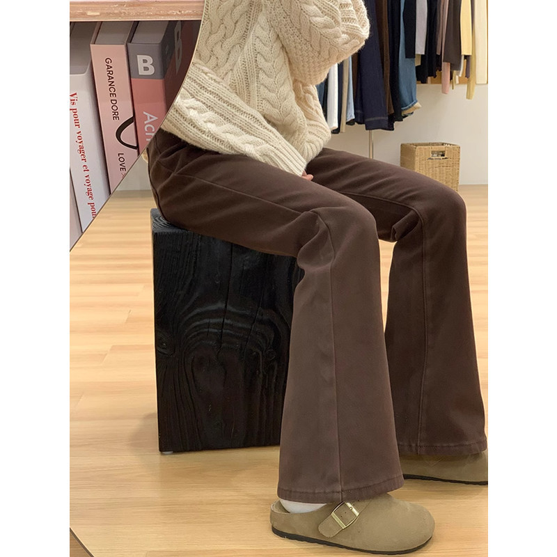 Brown Flared Jeans for Women Plus Size, Retro Pear-Shaped Figure, High-Waisted, Stretchy, Slimming, Bootcut Flared Pants