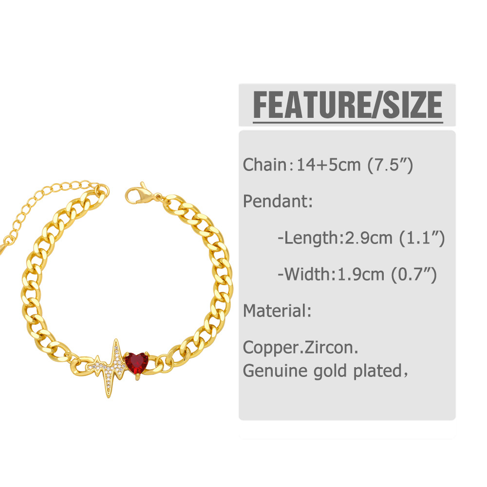 Fashion Electrocardiogram Heart Shape Copper Plating Inlay Zircon Bracelets 1 Piece