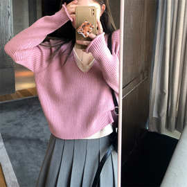 韩系早秋季假两件慵懒风套头打底针织衫纯色设计感坑条软糯毛衣女