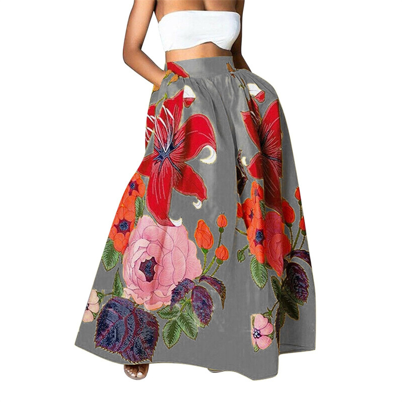European And American Cross-border Foreign Trade Women's Skirt, Bohemian Floral Loose High-waisted Holiday Flared Pocket_ecoleips.com