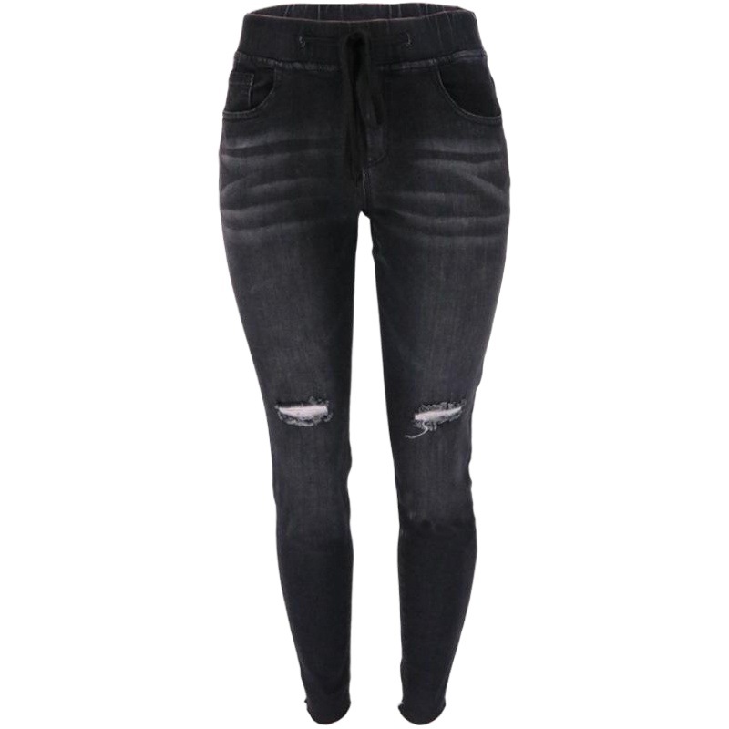 Pantalones vaqueros vintage con cordón en la cintura elástica para mujer, otoño 2025, nuevos, ajustados, estilo urbano, modernos, hechos a mano, desgastados, ajustados image 1