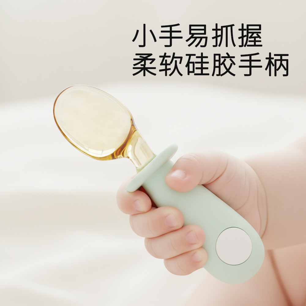 新款婴儿硅胶手柄勺子儿童316不锈钢短柄叉勺宝宝辅食餐具套装