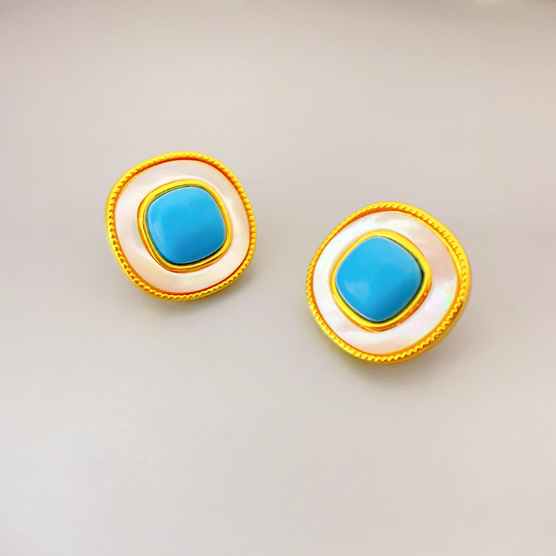 歐美復古方形鑲嵌貝母藍松石銅鍍真金輕奢925銀針高級感耳釘批發