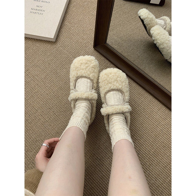 毛毛鞋女冬外穿新款韩版仙女风加绒保暖棉鞋平底玛丽珍豆豆鞋|undefined