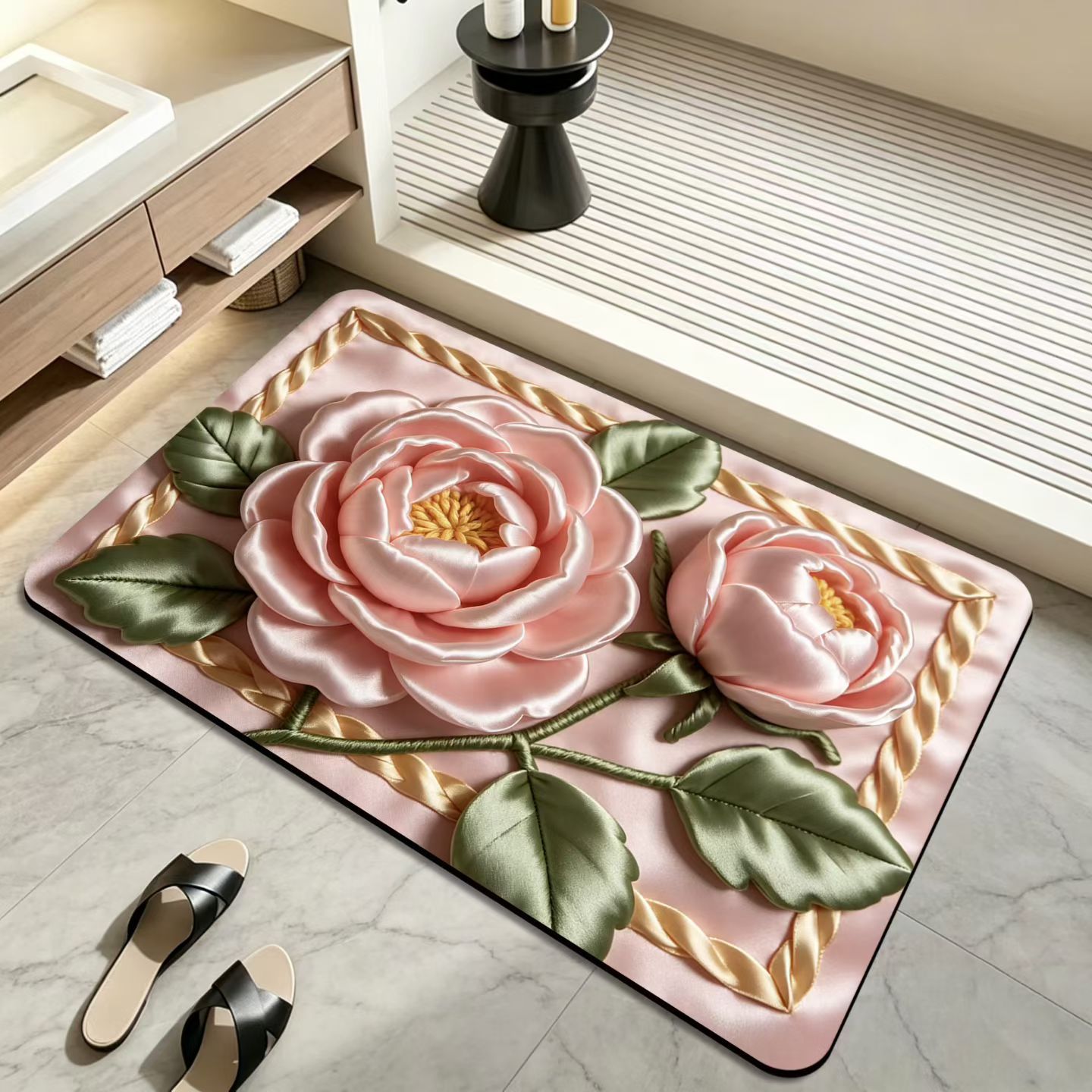 3D estereoscópico flor alfombra de baño absorción de agua antideslizante cojín de barro de diatomeas puerta de baño secado rápido cojín de pies resistente al desgaste