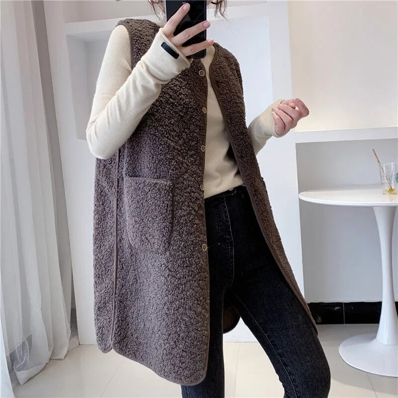 Long Vest Women's Autumn and Winter Mid-length Imitation Lamb Wool Vest Fashionable New Style All-match Women's Coat Trendy