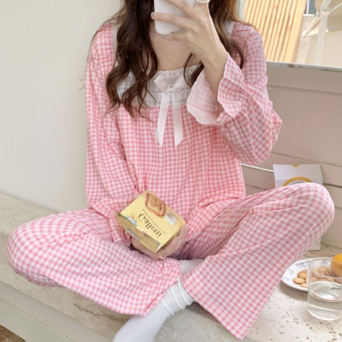 Estilo coreano japonés dulce ins primavera y otoño pijamas de las mujeres algodón manga larga traje más tamaño 240kg portátil homewear