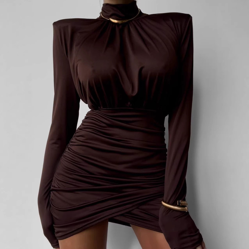 Cross-Border European and American Style 2026 Autumn New Sexy Slim-Fit High-Neck Long-Sleeve Bodycon Short Dress Elegant Solid Color Dress