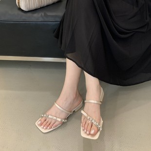French-Style Chunky Heel Sandals for Women, Outdoor Wear, 2025 Summer Fairy Style Rhinestone Strap Slippers